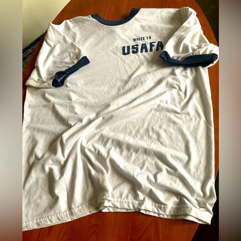 White USAFA T-Shirt with Navy Accents